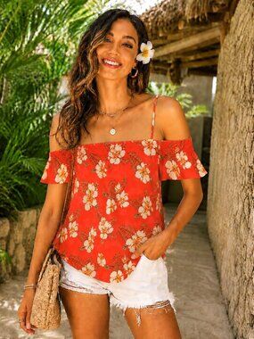 Paper Crane Coral Orange Tropical Hibiscus Floral Off Shoulder Top Womens Small